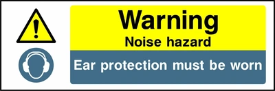 Warning — Noise hazard — Ear protection must be worn. Stacked message panels. Artwork MULT0014.