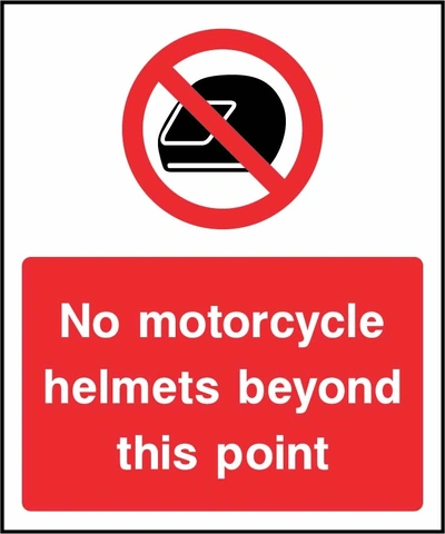 No motorcycle helmets beyond this point sign. red prohibition pictogram and wording. Artwork SECU0025.