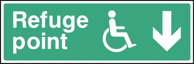 Refuge point sign showing down arrow and wheelchair symbol. Artwork EMER0074.