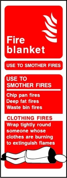 Fire blanket — USE TO SMOTHER FIRES sign showing vertical blanket identification and printed use panels. Artwork FEQP0082.