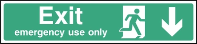 Green and white Exit — emergency use only sign showing downward arrow. Artwork EMER0030.