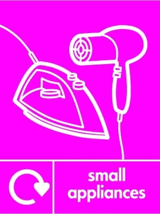 Small appliances sign showing white iron and hairdryer pictogram with recycling arrow beside wording on magenta background. Artwork ELEC0130.