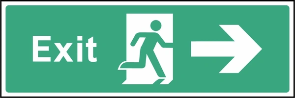 Green and white Exit sign with a right arrow and running-person escape symbol. Letterbox artwork EMER0012.