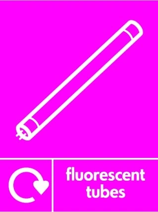 Fluorescent tubes sign showing white fluorescent tube pictogram with recycling arrow beside wording on magenta background. Artwork ELEC0119.