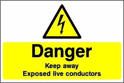 Danger — Keep away — Exposed live conductors sign showing yellow electrical lightning bolt warning triangle with wording. Artwork ELEC0064.