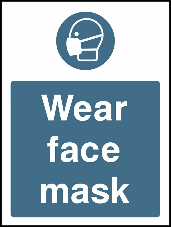 Wear face mask sign showing blue face mask pictogram above wording. Artwork PPE0035.