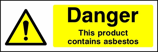 Yellow and black sign with an exclamation mark warning symbol and Danger — This product contains asbestos wording. CONS0055 artwork.
