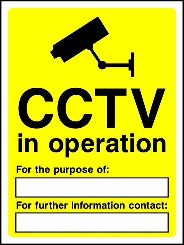 CCTV in operation — For the purpose of — For further information contact sign. black CCTV camera pictogram and wording on a yellow panel. Artwork SECU0002.