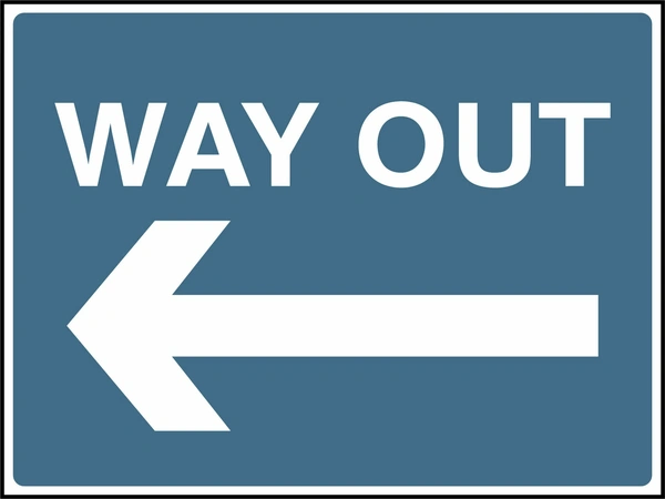 Way Out — Left arrow sign. blue-grey background with white lettering. Supplied artwork PARK0006.