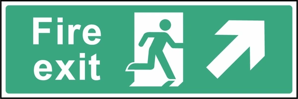 Green and white Fire exit sign with a up right arrow and running-person escape symbol. Letterbox artwork EMER0002.