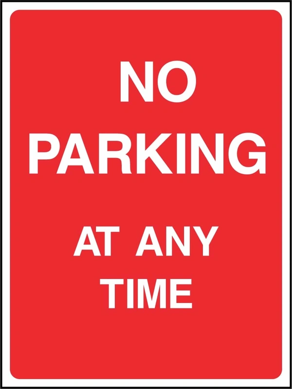 No Parking At Any Time sign. red background with white lettering. Supplied artwork PARK0017.