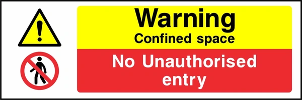 Warning — Confined space — No unauthorised entry. Stacked message panels. Artwork MULT0012.
