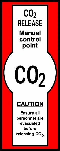 CO2 RELEASE — Manual control point sign showing CO2 cylinder and evacuation caution panels. Artwork FEQP0022.