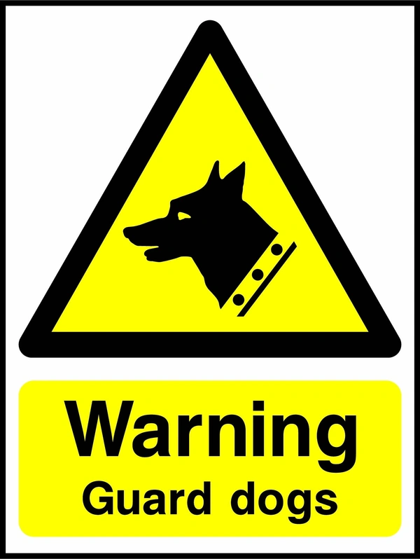 Warning — Guard dogs sign. yellow guard-dog warning triangle and wording. Artwork SECU0046.