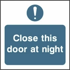 Close this door at night sign showing blue exclamation pictogram above wording. Artwork FPRV0027.