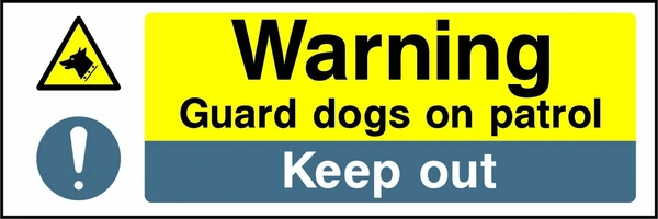 Warning — Guard dogs on patrol — Keep out sign. yellow-and-black warning or coloured access panels. Artwork SECU0019.