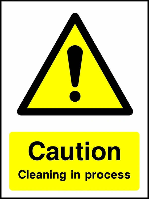 Caution — Cleaning in process sign showing yellow exclamation warning pictogram above wording. Artwork GENE0090.