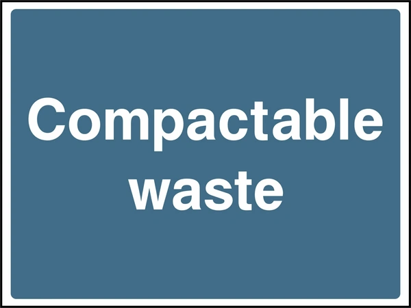 Large white lettering on a blue background with Compactable waste wording. CONS0109 artwork.