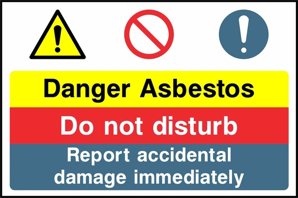 A yellow warning panel, red prohibition panel and blue reporting panel with three symbols with Danger Asbestos — Do not disturb — Report accidental damage immediately wording. CONS0117 artwork.