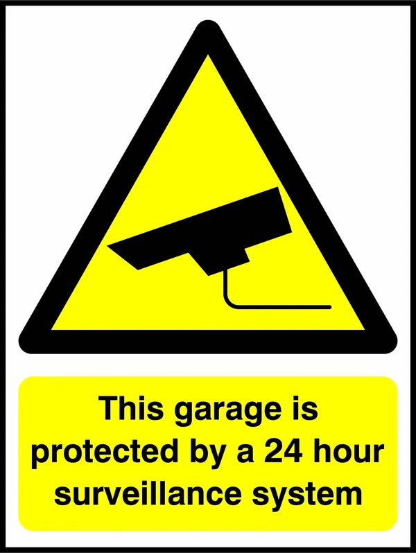 This garage is protected by a 24 hour surveillance system sign. yellow CCTV camera warning triangle and wording. Artwork SECU0031.