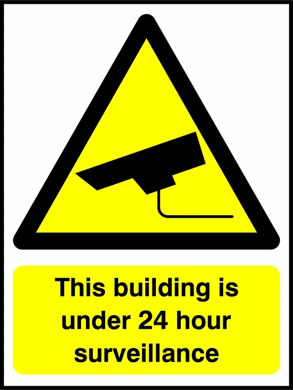 This building is under 24 hour surveillance sign. yellow CCTV camera warning triangle and wording. Artwork SECU0044.