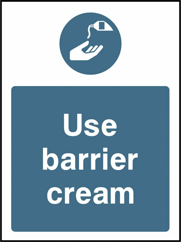 Use barrier cream sign showing blue barrier cream pictogram above wording. Artwork PPE0044.