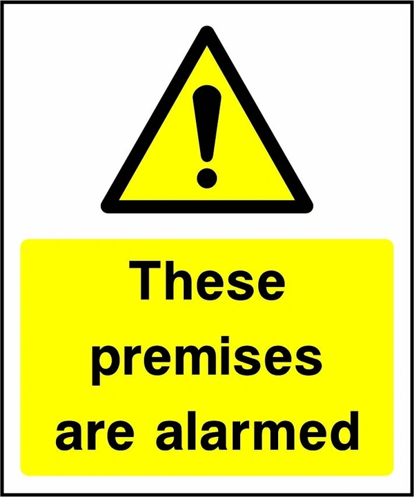 These premises are alarmed sign. yellow alarm warning panel. Artwork SECU0022.