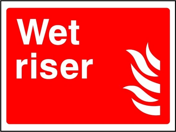 Wet riser sign showing wet riser identification with flame pictogram. Artwork FEQP0044.