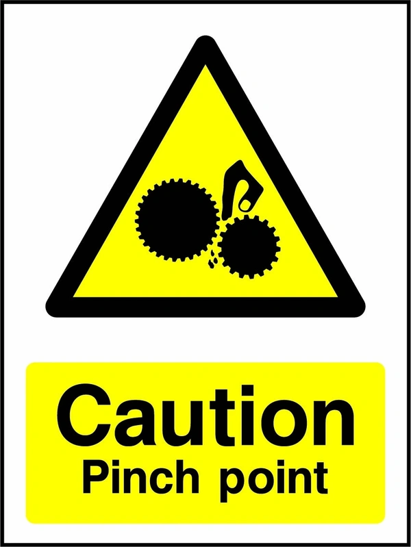Caution — Pinch point sign showing yellow hand caught between gears warning triangle above wording. Artwork MACH0038.