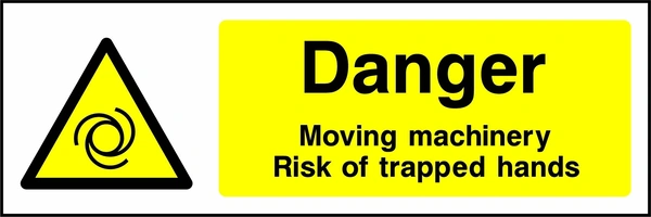 Danger — Moving machinery — Risk of trapped hands sign showing yellow rotating machinery warning triangle beside wording. Artwork MACH0011.