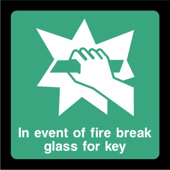 Green and white In event of fire break glass for key sign showing hand breaking glass pictogram. Artwork EMER0063.
