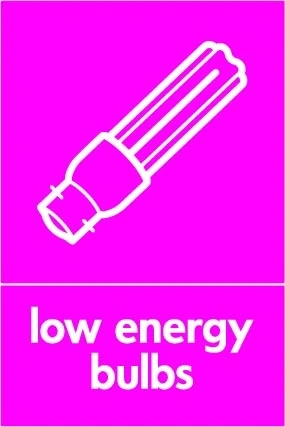 Low energy bulbs sign showing white low energy bulb pictogram above wording on magenta background. Artwork ELEC0085.
