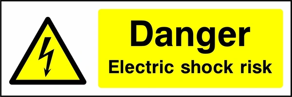 Danger — Electric shock risk sign showing yellow electrical lightning bolt warning triangle beside wording. Artwork ELEC0014.