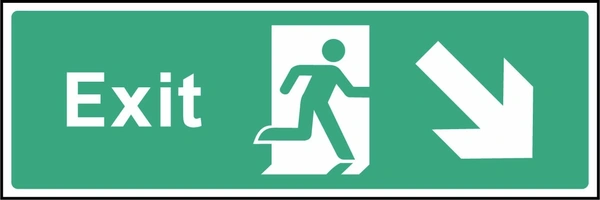 Green and white Exit sign showing down-right arrow. Artwork EMER0014.