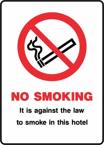 No Smoking — It is against the law to smoke in this hotel sign. red no-smoking pictogram with black and red wording in a rounded border. Artwork SMOK0076.