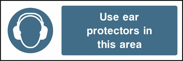 Use ear protectors in this area sign showing blue ear defenders pictogram beside wording. Artwork PPE0007.