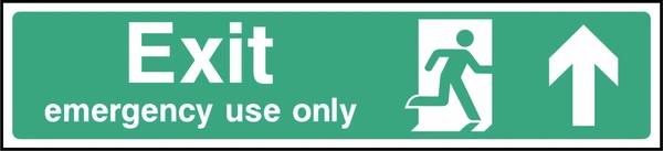 Green and white Exit — emergency use only sign showing upward arrow. Artwork EMER0029.