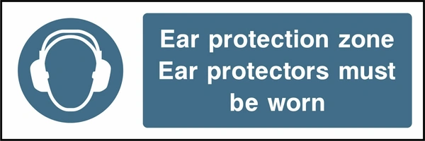 Ear protection zone — Ear protectors must be worn sign showing blue ear defenders pictogram beside wording. Artwork PPE0010.