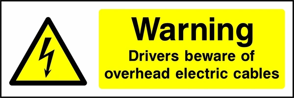 Warning — Drivers beware of overhead electric cables sign showing yellow electrical lightning bolt warning triangle beside wording. Artwork ELEC0020.