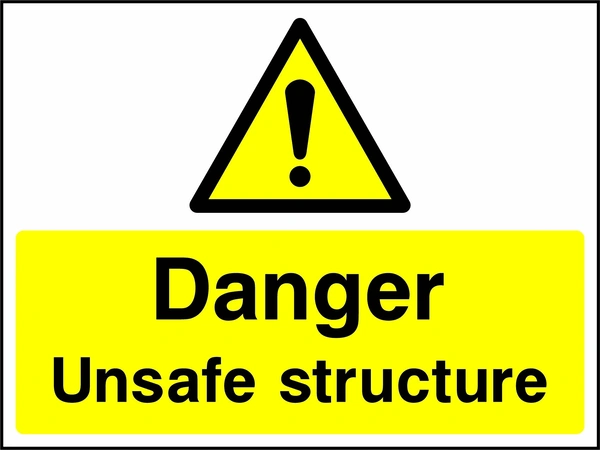 A black exclamation mark inside a yellow warning triangle above black wording on a yellow panel with Danger — Unsafe structure wording. CONS0096 artwork.