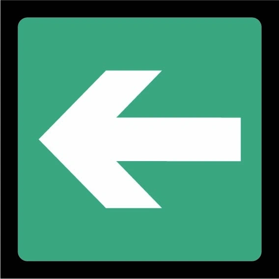 Green and white Emergency escape arrow — Left sign showing left arrow pictogram. Artwork EMER0053.