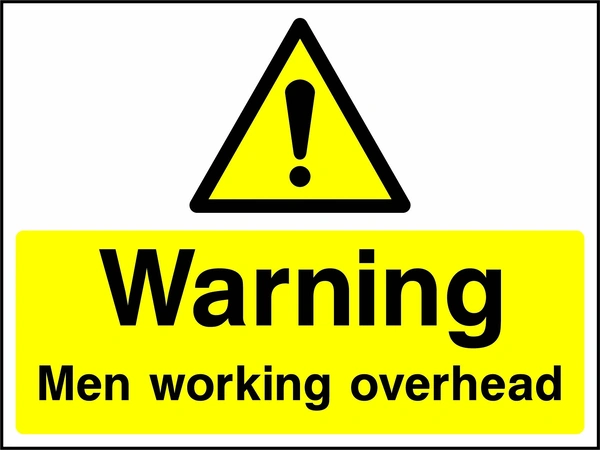 A black exclamation mark inside a yellow warning triangle above black wording on a yellow panel with Warning — Men working overhead wording. CONS0101 artwork.