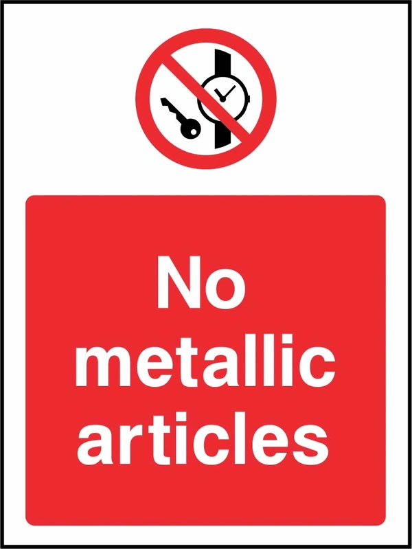 No metallic articles sign showing red keys and watch prohibition symbol above wording. Artwork GENE0099.