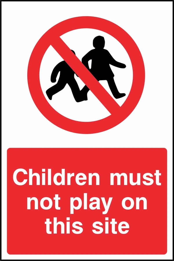 Red and white prohibition sign with a crossed-out children pictogram and Children must not play on this site wording. CONS0033 artwork.