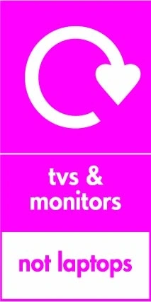 TVs & monitors — Not laptops sign showing white recycling arrow pictogram with exclusion footer on magenta background. Artwork ELEC0098.
