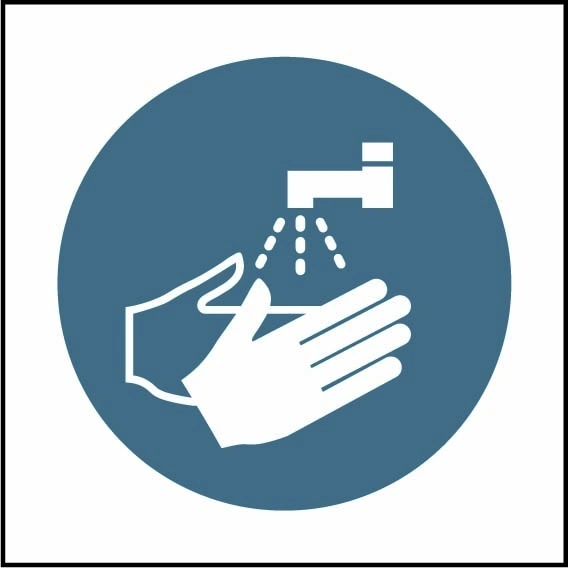 Wash your hands pictogram sign showing white hands under running tap pictogram in blue circle. Artwork MACH0053.