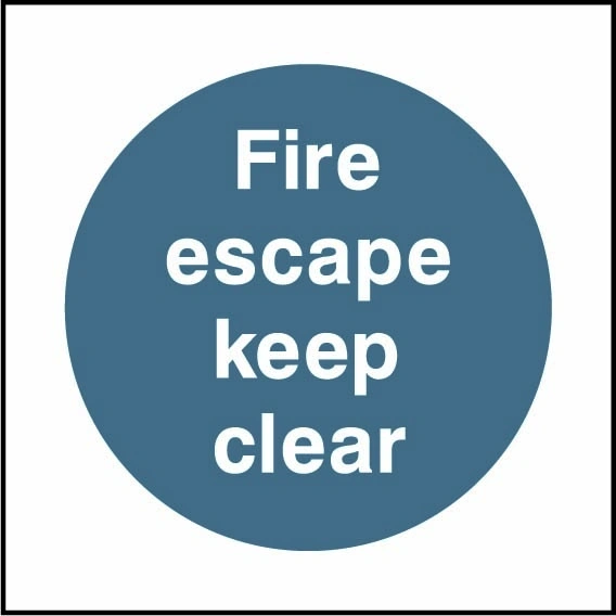 Fire escape keep clear sign showing blue circular mandatory wording. Artwork FPRV0005.