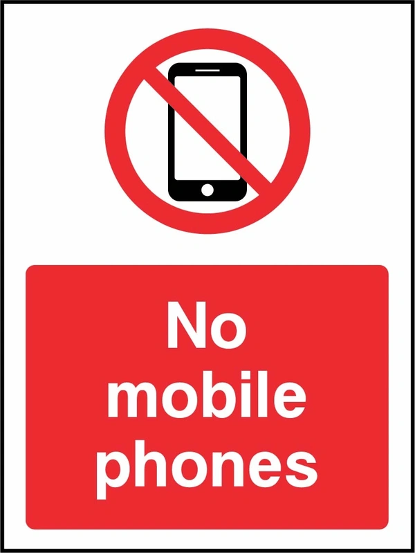 No mobile phones sign showing red mobile phone prohibition symbol above wording. Artwork GENE0118.