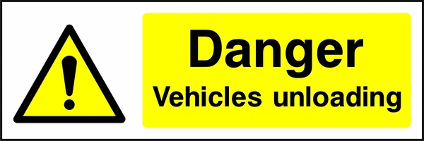 Danger — Vehicles unloading sign showing yellow exclamation warning pictogram beside wording. Artwork GENE0030.