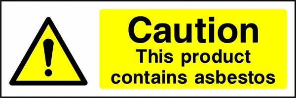 Caution — This product contains asbestos sign showing yellow exclamation warning pictogram beside wording. Artwork GENE0021.